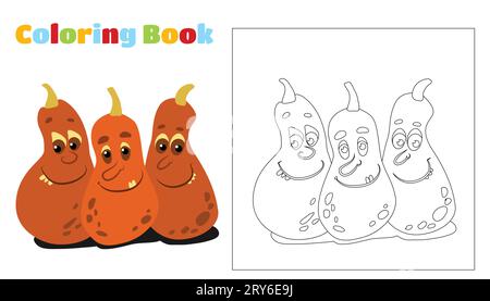 Coloring for children and adults. Three pumpkins among the branches. Pumpkins have faces, eyes, and mouths. Halloween character design. Stock Vector
