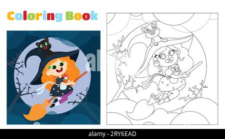 Coloring page little witch flies on a broomstick at night. Halloween character. Educational games for children in schools, kindergartens, cafes. Stock Vector