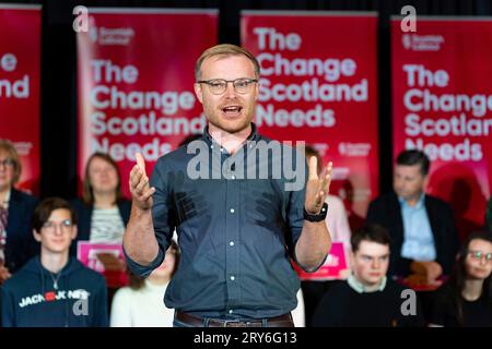 Hamilton, Scotland, UK. 29th September 2023.  Leader of the Labour Party, Sir Keir Starmer, joined Anas Sarwar, Michael Shanks and Jackie Baillie for a Scottish Labour rally ahead of the Rutherglen and Hamilton West by-election next week. The Scottish Labour Party is hoping to take the seat from the SNP.  Pic; Candidate Michael Shanks. Iain Masterton/Alamy Live News Stock Photo