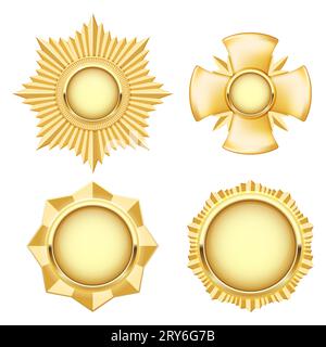 Golden medal and insignia, cogged  star and cross, award medallion, military badge, vector Stock Vector