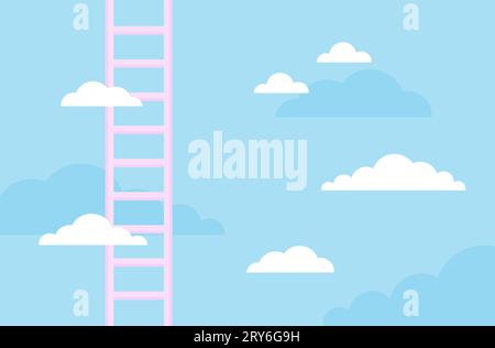 Pink ladder on blue cloudy sky background. Flat vector illustration Stock Vector