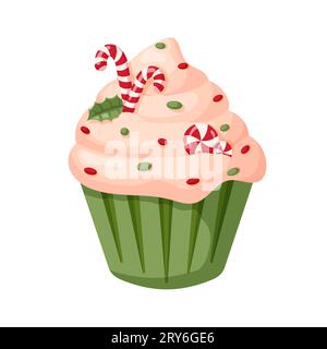 Christmas cupcake with candy cane and mistletoe. Holly cupcake in cartoon style. Vector illustration isolated on a white background. Stock Vector