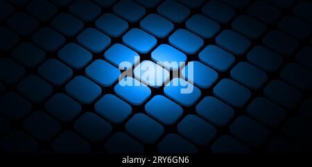 Blue, grid and light on black wallpaper with pattern, texture and digital matrix on cyber connection. Neon lighting, future technology and system Stock Photo