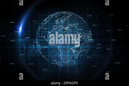 Planet earth hologram, programming and space for global network, cybersecurity and lens flare. Holographic world, overlay and futuristic connection Stock Photo