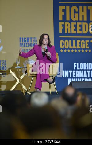 Miami, Florida, USA. 28th Sep, 2023. U.S. Vice President Kamala Harris answers questions from panelists Rapper Fat Joe and actor Anthony Ramos and FIU students as she visited Florida International University as part of her 'Fight for Our Freedoms' College Tour at Florida International University Ocean Bank Convocation Center on September 28, 2023 in Miami, Florida. Credit: Mpi10/Media Punch/Alamy Live News Stock Photo