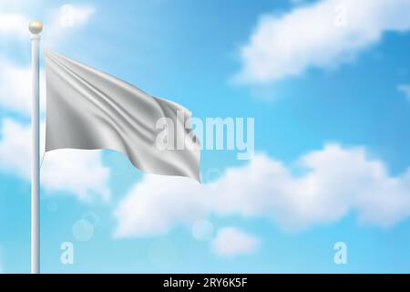Empty blank of flag on flagpole. White waving flag template. Stock Vector