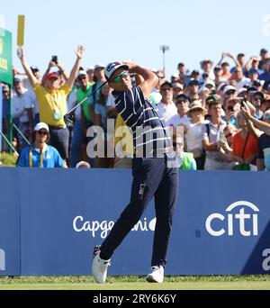 Rome, Italy. 29th Sep, 2023. Team USA's Rickie Fowler tees off on the 16th hole on the first day of the Ryder Cup at Marco Simone Golf Club, Rome, Italy on Friday, September 29, 2023. Europe's Lowry and Straka beat Team USA Fowler and Morikawa 2&1. Photo by Hugo Philpott/UPI Credit: UPI/Alamy Live News Stock Photo