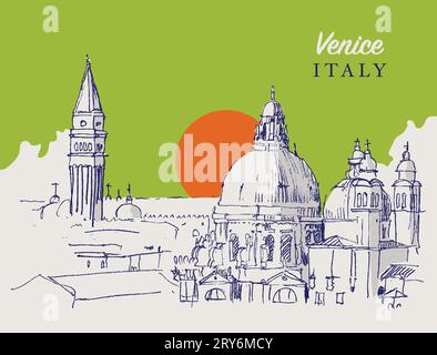 Vector hand drawn sketch illustration of the campanile of St. Mark and the domes of Santa Maria della Salute basilica in Venice, Italy. Stock Photo