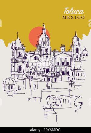 Vector hand drawn sketch illustration of Toluca city landscape in Mexico. Stock Photo