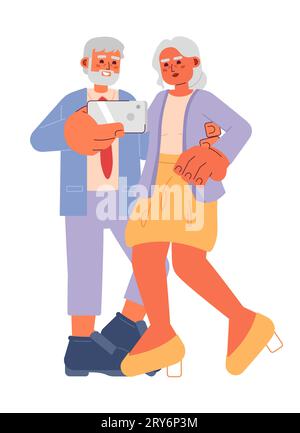 Elderly fashionable couple taking selfie 2D cartoon characters Stock Vector