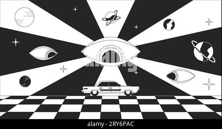 Psychedelic road trip black and white 2D illustration concept Stock Vector