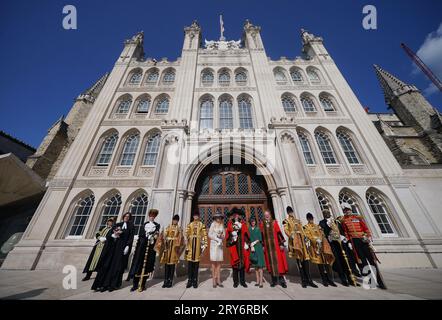 Outgoing Lord Mayor Nicholas Lyons (centre) and his wife Lady Mayoress Felicity Lyons (centre left), with Alderman Professor Michael Mainelli (5th right) and his wife Elisabeth Mainelli outside the Guildhall in London, after he was elected as the 695th Lord Mayor of the City of London. Picture date: Friday September 29, 2023. Stock Photo