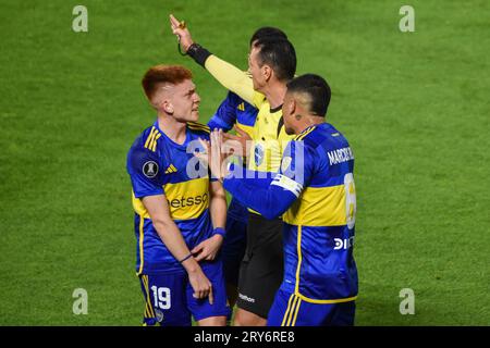 Buenos Aires, Argentina. 28th Sep, 2023. Valentin Barco, Ezequiel Fernandez and Guillermo Matias Pol Fernandez Fernandez of Boca Juniors. Wilmar Roldan Colombian Referee of CONMEBOL during the Copa Libertadores match, semifinals, leg 1, between Boca Juniors and Palmeiras played at La Bombonera Stadium on September 28, 2023 in Buenos Aires, Spain. (Photo by Santiago Joel Abdala/PRESSINPHOTO) Credit: PRESSINPHOTO SPORTS AGENCY/Alamy Live News Stock Photo