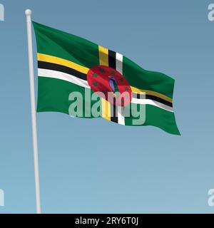 Waving flag of Dominica on sky background. Template for independence ...