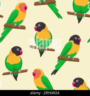 Seamless pattern with cartoon green love birds sitting on branches. Flat little colorful exotic parrots. Vector illustration. Good for T-shirts Stock Vector