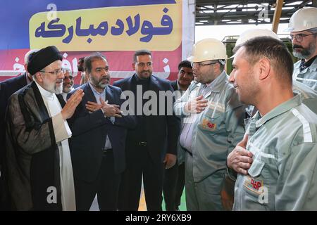 Isfahan, Iran. 29th Sep, 2023. Iranian President EBRAHIM RAISI visits Mobarakeh Steel Company (Foolad Mobarakeh). The first unit of the 914-megawatt combined cycle power plant of Isfahan Mobarakeh Steel with a capacity of 307 megawatts was officially put into operation with the presence of the President. (Credit Image: © Iranian Presidency via ZUMA Press Wire) EDITORIAL USAGE ONLY! Not for Commercial USAGE! Stock Photo