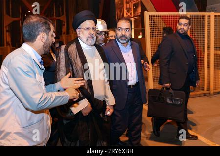Isfahan, Iran. 29th Sep, 2023. Iranian President EBRAHIM RAISI visits Mobarakeh Steel Company (Foolad Mobarakeh). The first unit of the 914-megawatt combined cycle power plant of Isfahan Mobarakeh Steel with a capacity of 307 megawatts was officially put into operation with the presence of the President. (Credit Image: © Iranian Presidency via ZUMA Press Wire) EDITORIAL USAGE ONLY! Not for Commercial USAGE! Stock Photo