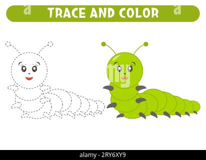 Trace and color cute cartoon caterpillar. Worksheet for kids Stock Vector