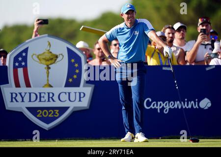 Team Europe's Rory McIlroy on the 11th tee during the fourballs on day one of the 44th Ryder Cup at the Marco Simone Golf and Country Club, Rome, Italy. Picture date: Friday September 29, 2023. Stock Photo