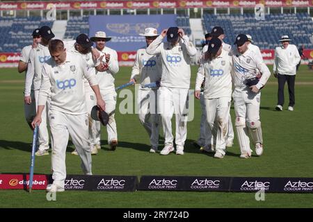 Chester le Street, 29 September 2023. The Durham cricket team leaving the field after winning against Leicestershire in the County Championship Division 2 game at Seat Unique Riverside. Credit: Colin Edwards/Alamy Live News Stock Photo