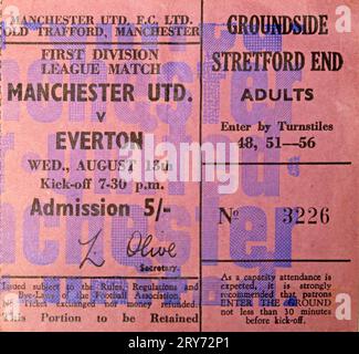 Manchester Stretford End football ticket, MUFC v Everton Wed 13/08/1969 7:30pm score was 0-2 - stubs, memorabilia Stock Photo