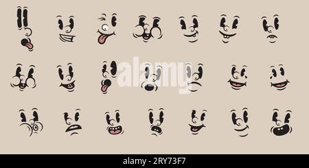 Retro Cartoon Mascot Faces Set Funny Vintage Cartoon Faces Trendy 50s Mascot Facial Happy Cartoon Person Face Drawing cartoon Heads Retro Vintage Cart Stock Vector