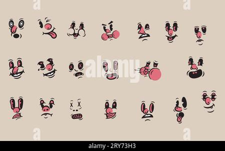 Retro Cartoon Comics Characters Funny Faces Vector Set 30s, 50s, 60s Old Animation Eyes Mouths Elements Vintage Comic Style Faces Collection Stock Vector