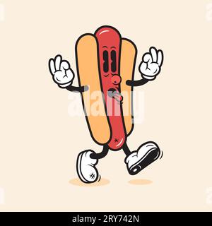 Hot Dog Mascot Cartoon Vintage Hot Dog Character Cute Happy Hot Dog Fast Food Mascot Stock Vector