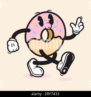 Doughnut Trendy Retro Style Cartoon Hand Drawn Vector Donut Vintage 90s 70s Cartoon Character Doughnut Vector Illustration Stock Vector