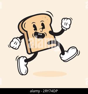 Funny Sandwich Cartoon Vintage Bread Character Retro Style Bread Logo Vector Illustration 60s 70s Bread Retro Style Stock Vector