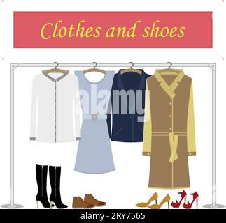 Women's clothes hanging on hangers and metal rack with shoes set. Stock Vector