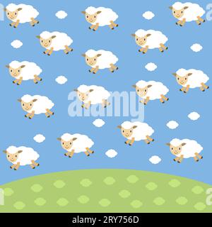 Cute flying white sheep in shape clouds on sky background. Stock Vector