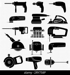 Set of electric power tools for carpentry and construction work. Silhouettes icons of different power tools. Stock Vector