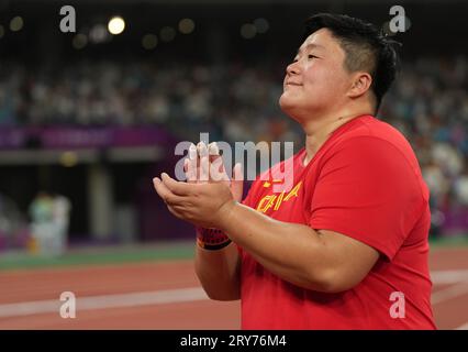 Hangzhou, China's Zhejiang Province. 29th Sep, 2023. Gong Lijiao of China celebrates the victory of Wang Zheng at the 19th Asian Games in Hangzhou, east China's Zhejiang Province, Sept. 29, 2023. Credit: Li Yibo/Xinhua/Alamy Live News Stock Photo