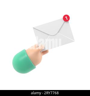 Received message concept. New,email incoming message,sms. Mail delivery service. Envelope in hand. receive mail. 3D rendering on white background. Stock Photo