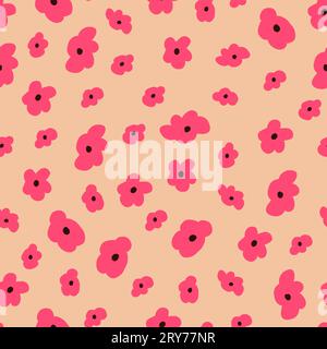 Vector seamless pattern with pink hand drawn flowers on beige. Doodle pink flowers pattern. Vector illustration Stock Vector
