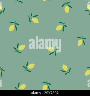 Vector seamless pattern with lemons on olive green background. Juicy fruits pattern. Vector illustration Stock Vector