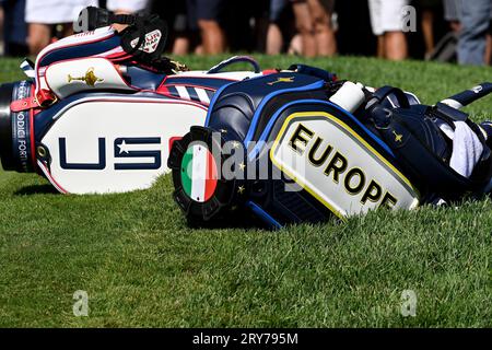 Roma, Italy. 29th Sep, 2023. Team Europe and USA golf bags are seen during the fourball matches of the 2023 Ryder Cup at Marco Simone Golf and Country Club in Rome, (Italy), September 29th, 2023. Credit: Insidefoto di andrea staccioli/Alamy Live News Stock Photo