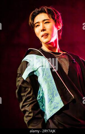 Milan, Italy. 28th Sep, 2023. The South Korean singer-songwriter Kim Han-bin known on stage as B.I performs live on stage at Alcatraz during the '1st Europe Tour Love Or Die'. Stock Photo