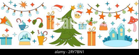 Merry Christmas groovy set. Collection of hippie holiday winter elements in trendy old animation style. Groovy Christmas stickers. Stock Vector