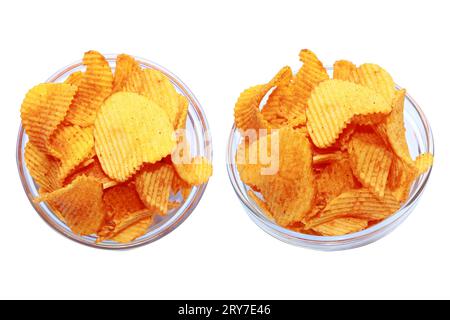 Potato chips in a glass bowl isolated on a white background, Potato chips isolated Stock Photo