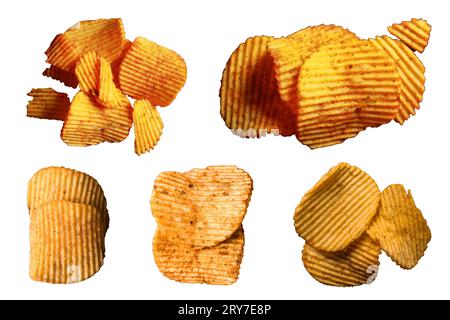 Potato chips isolated on a white background with clipping path, collection of potato chips Stock Photo