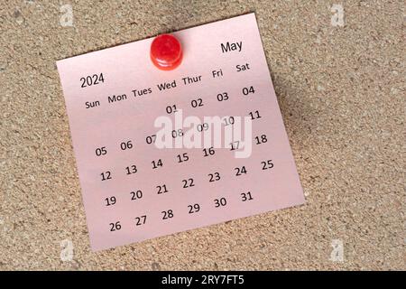 May 2024 calendar on sticky note. Reminder and message concept. 2024 new year concept. Stock Photo