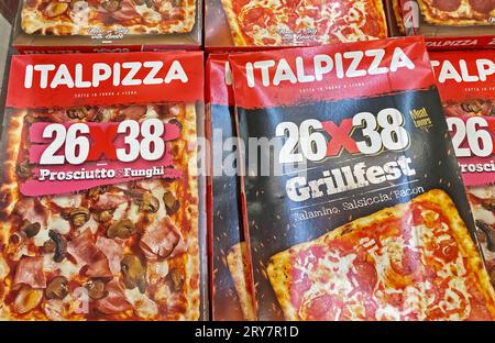 Viersen, Germany - September 9, 2023: Boxes frozen Italpizza in german supermarket Stock Photo