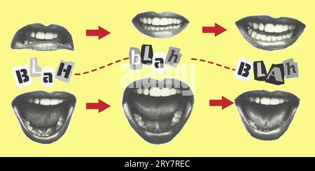 Collection collage elements. open mouth, teeth, lips and cut out text halftone style. Scream, hate, fake news concept. Punk y2k retro magazine Stock Vector