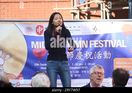 Chinatown London, UK. 29th Sep, 2023. Chinese singer performer at the Chinese Information and Advice Centre hosts a mid-autumn festival (中秋节) celebration. Dating back almost 3000 years, Mid-Autumn Festival, also known as Moon Festival, celebrates the annual harvest that falls on the 8th month of the Chinese Lunar Calendar. Chinese traditionally, families and loved ones will gather together to celebrate with a seasonal feast in the heart of London - Chinatown at Newport Place. Credit: See Li/Picture Capital/Alamy Live News Stock Photo
