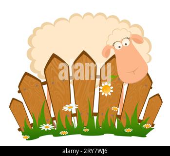 Cartoon smiling sheep after a fence Stock Photo