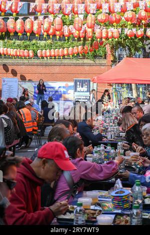 Chinatown London, UK. 29th Sep, 2023. Chinese Information and Advice Centre hosts a mid-autumn festival (中秋节) celebration. Dating back almost 3000 years, Mid-Autumn Festival, also known as Moon Festival, celebrates the annual harvest that falls on the 8th month of the Chinese Lunar Calendar. Chinese traditionally, families and loved ones will gather together to celebrate with a seasonal feast in the heart of London - Chinatown at Newport Place. Credit: See Li/Picture Capital/Alamy Live News Stock Photo