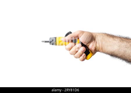 Male hand holding an adjustable handle screwdriver and pointing it like a gun, isolated on white background Stock Photo