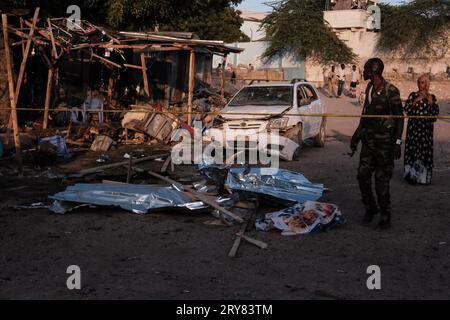 Mogadishu, Somalia. 29th Sep, 2023. People are seen at the site of a ...